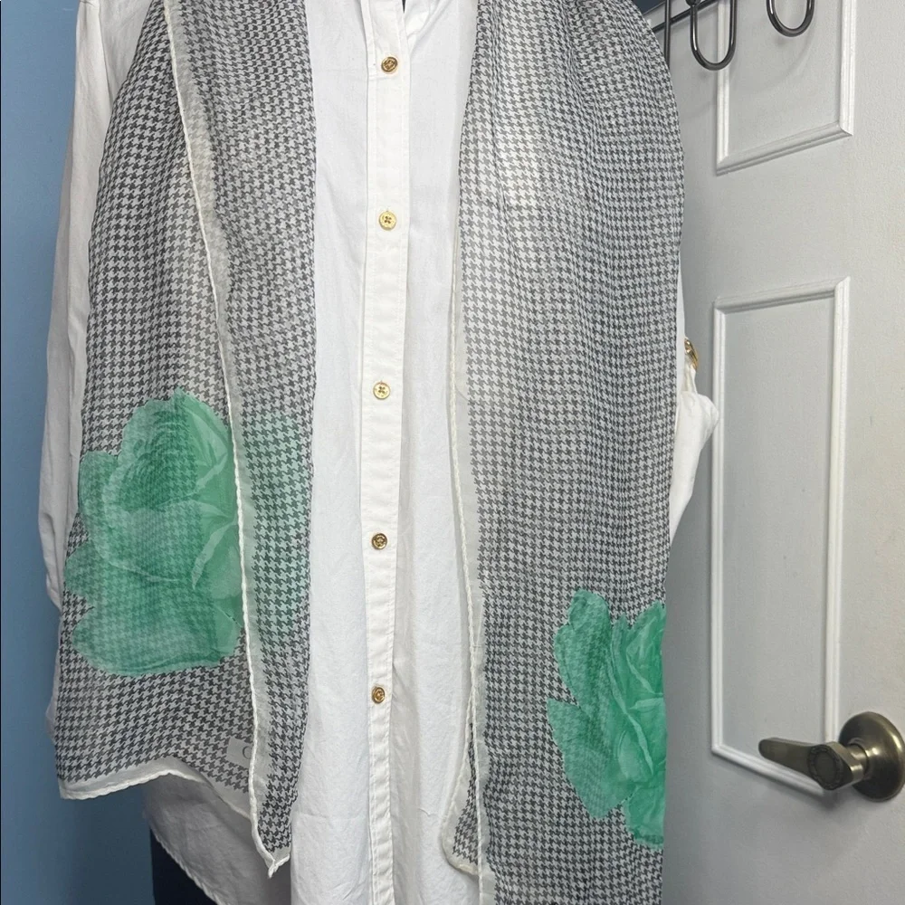 Vintage Christian Dior Houndstooth Scarf /wrap with Green Rose